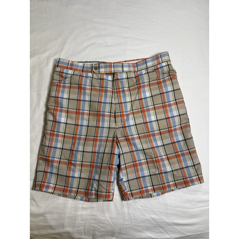 Vtg 70s Higgins Slacks Mens Plaid Shorts Orange Blue Cream USA Made Retro Golf